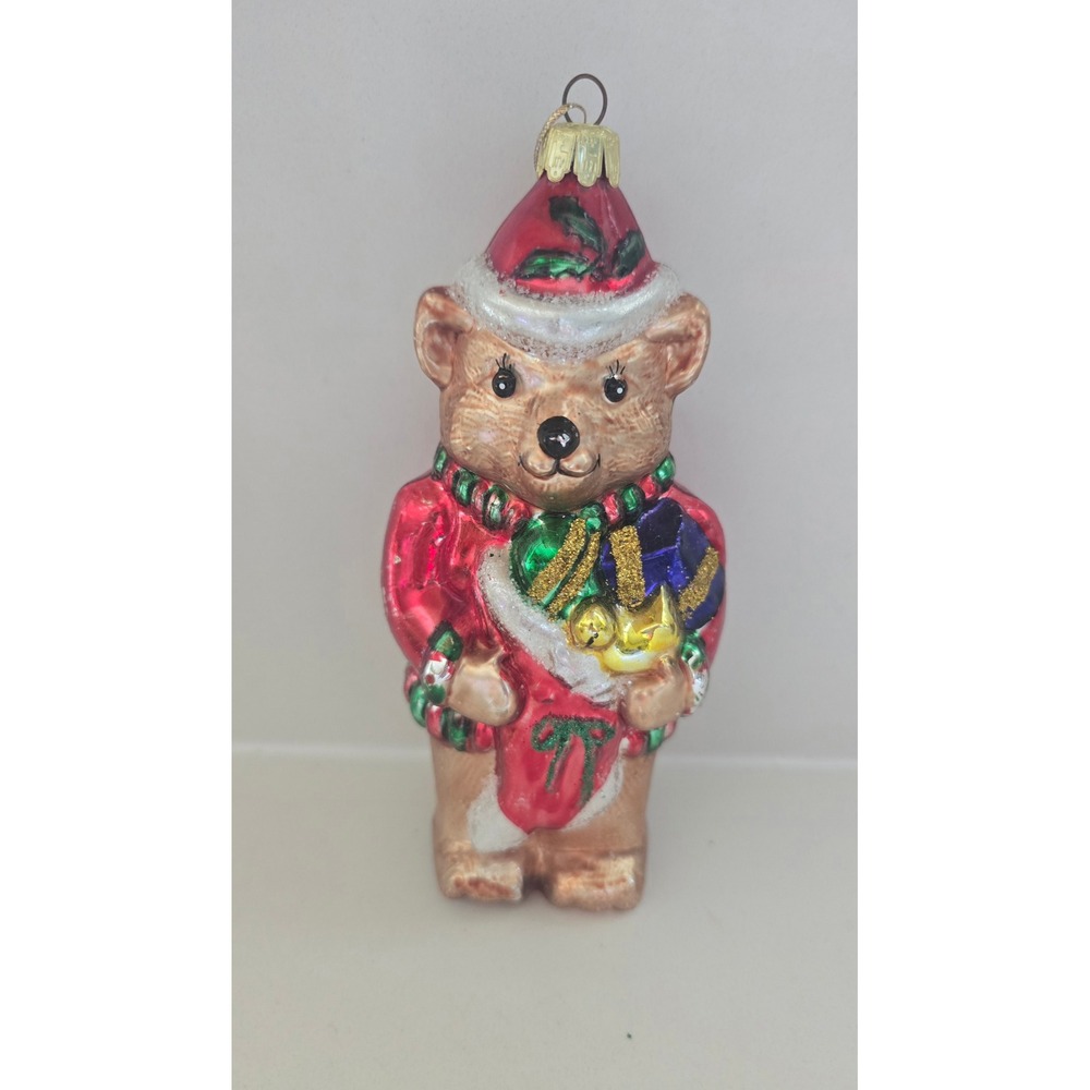 Vintage Blown Glass Teddy Bear Christmas Ornament Red Santa Hat Sweater Glitter